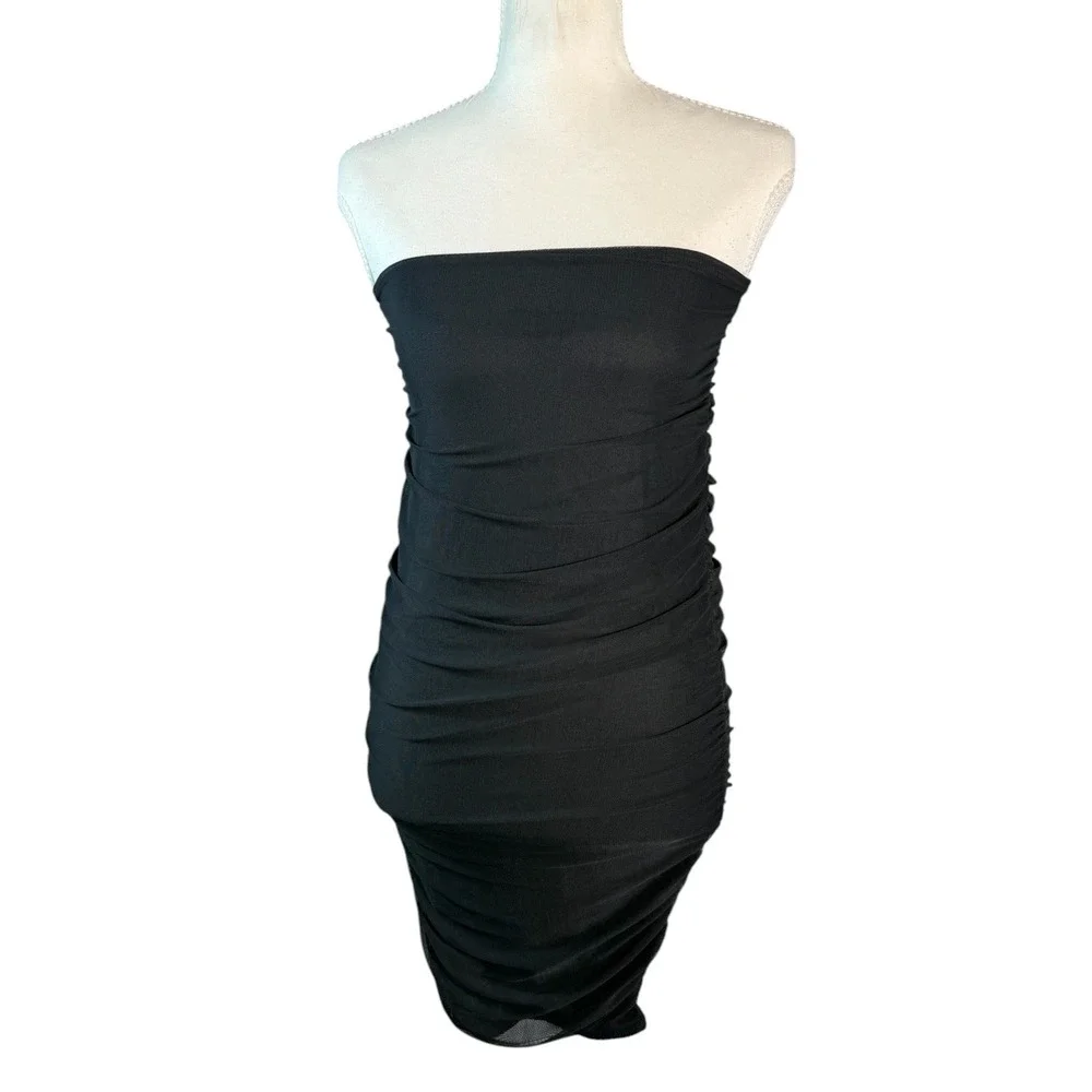 Day & Night Strapless Dress‎ Womens Small Black Ruched Bodycon Mini Mesh